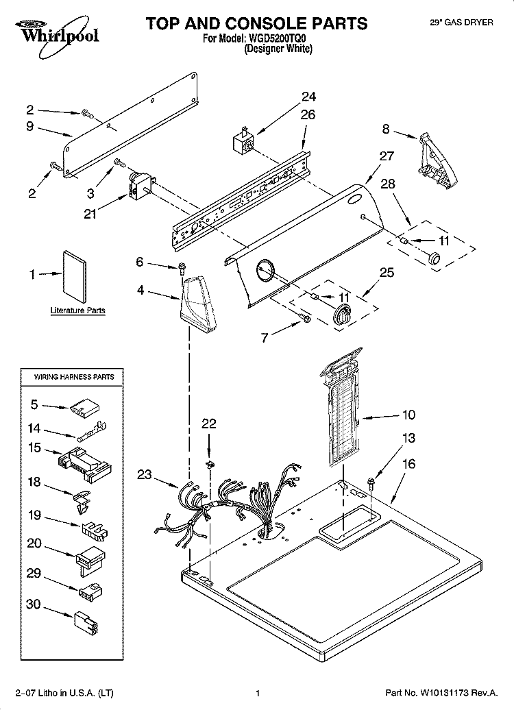 TOP AND CONSOLE PARTS Diagram and Parts List for WGD5200TQ0  Whirlpool Dryer