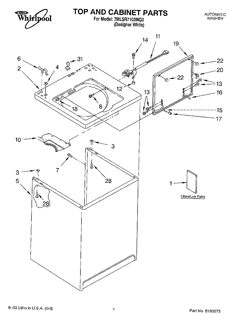 TOP AND CABINET PARTS Diagram and Parts List for 7MLSR7103MQ0  Whirlpool Washer