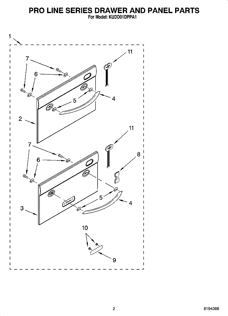 PRO LINE SERIES DRAWER AND PANEL PARTS Diagram and Parts List for KUDD01DPPA1  KitchenAid Dishwasher