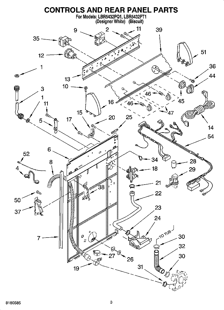 CONTROLS AND REAR PANEL PARTS Diagram and Parts List for LBR5432PT1  Whirlpool Washer