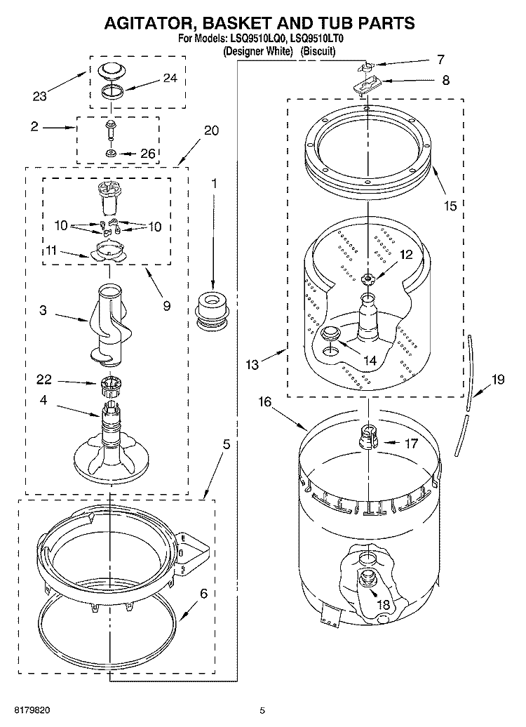 AGITATOR, BASKET AND TUB Diagram and Parts List for LSQ9510LT0  Whirlpool Washer