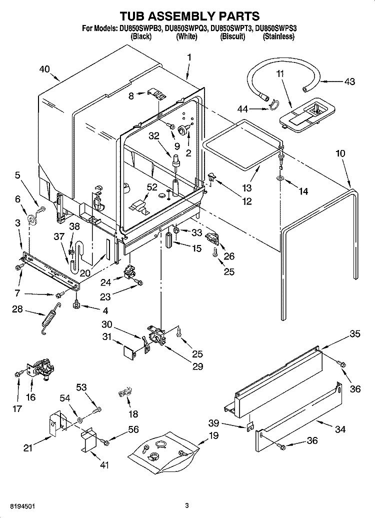 TUB ASSEMBLY PARTS Diagram and Parts List for DU850SWPS3  Whirlpool Dishwasher