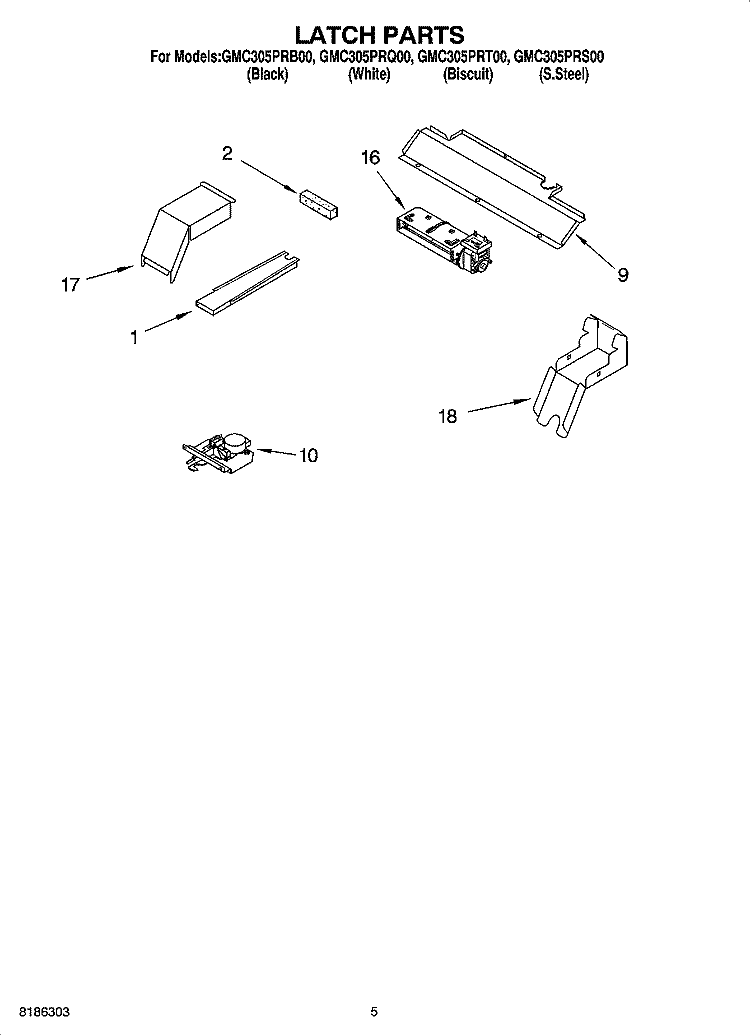 LATCH PARTS Diagram and Parts List for GMC305PRB00  Whirlpool Microwave Oven Combo