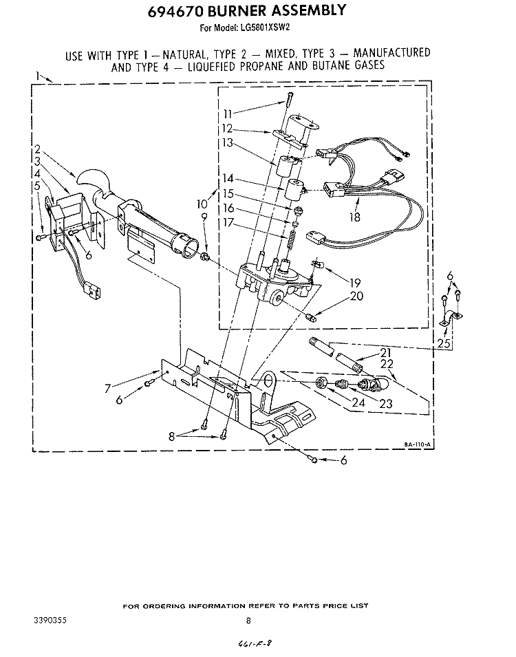 694670 BURNER Diagram and Parts List for LG5801XSW2  Whirlpool Dryer