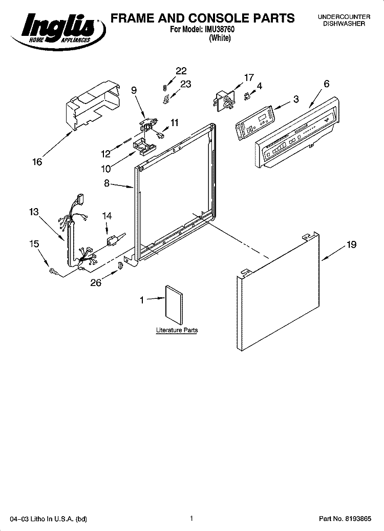 FRAME AND CONSOLE PARTS Diagram and Parts List for IMU38760  Inglis Dishwasher