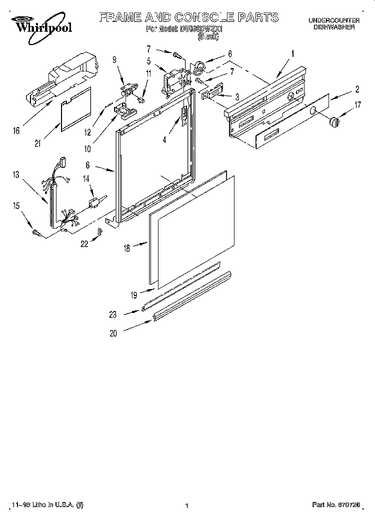 FRAME AND CONSOLE Diagram and Parts List for DU890DWGX1  Whirlpool Dishwasher