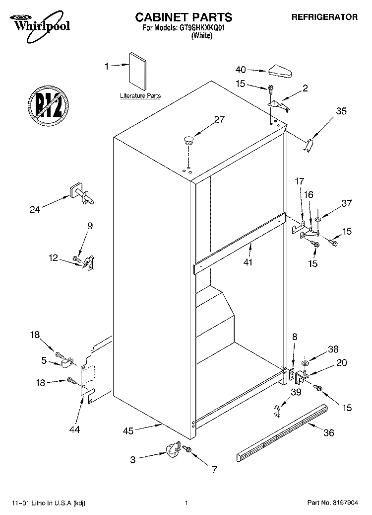 CABINET, LITERATURE Diagram and Parts List for GT9SHKXKQ01  Whirlpool Refrigerator