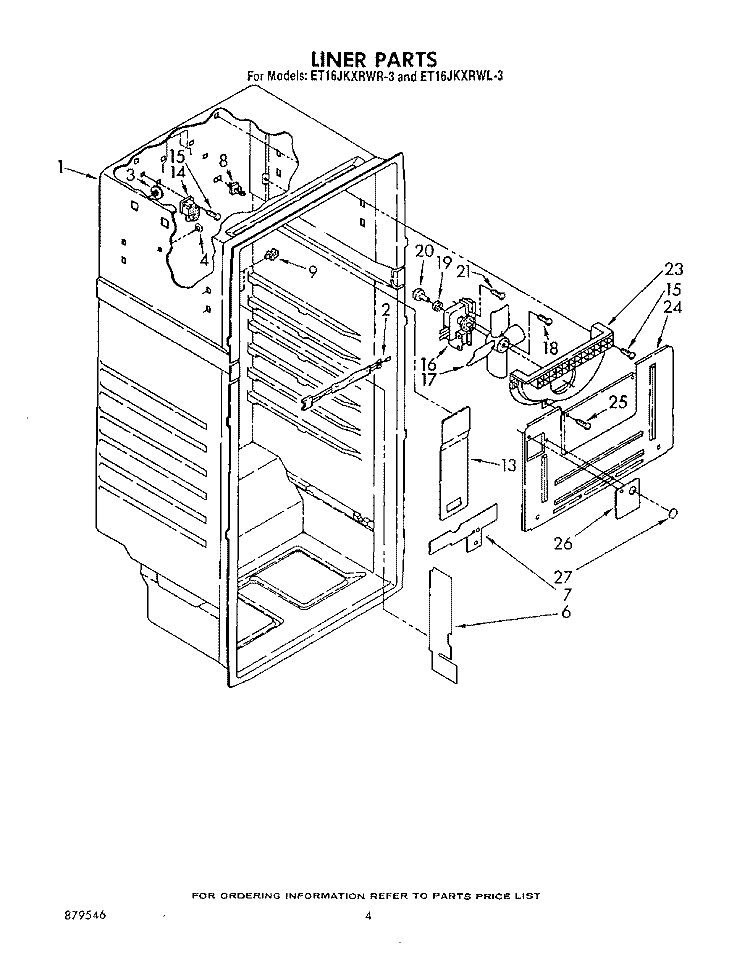 LINER Diagram and Parts List for ET16JKXRWR3  Whirlpool Refrigerator