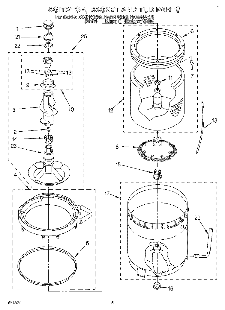 AGITATOR, BASKET AND TUB Diagram and Parts List for RAX6144EQ0  Roper Washer
