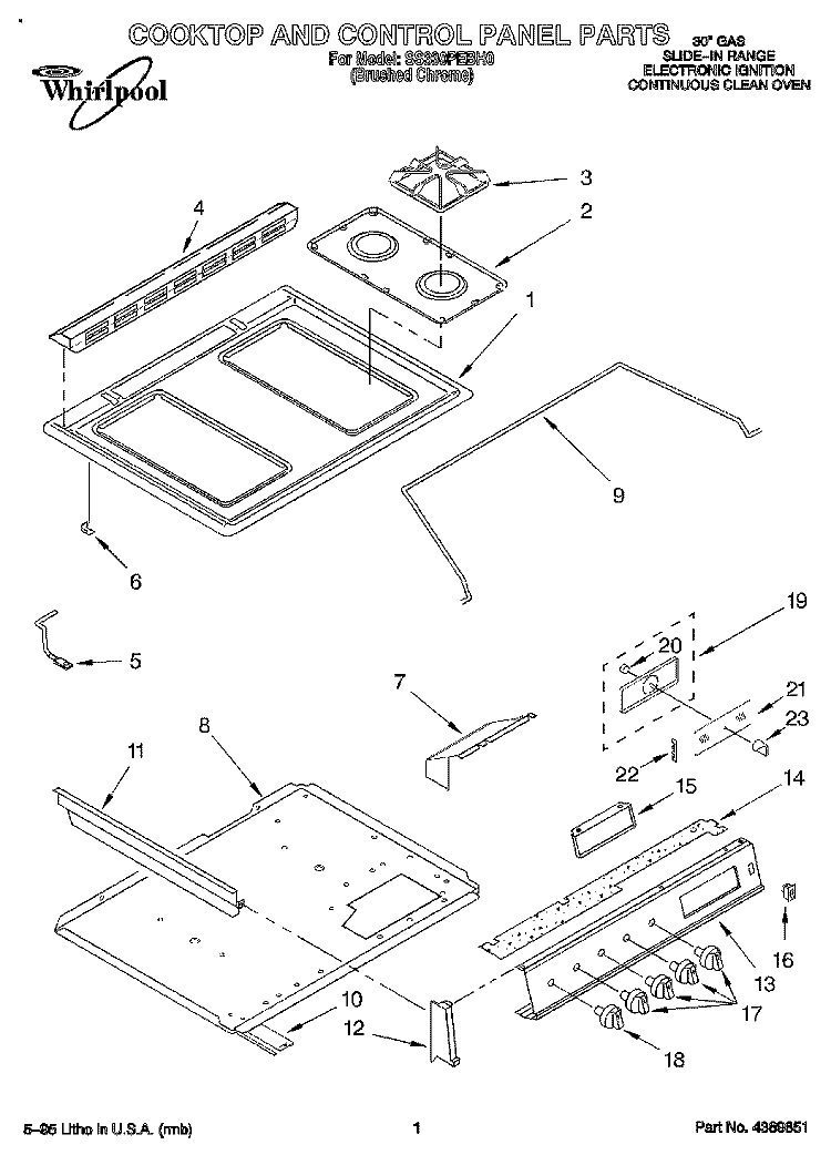 COOKTOP AND CONTROL PANEL Diagram and Parts List for SS330PEBH0  Whirlpool Range