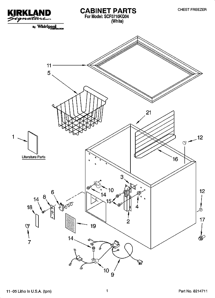 CABINET PARTS Diagram and Parts List for SCF0710KQ04  Whirlpool Freezer