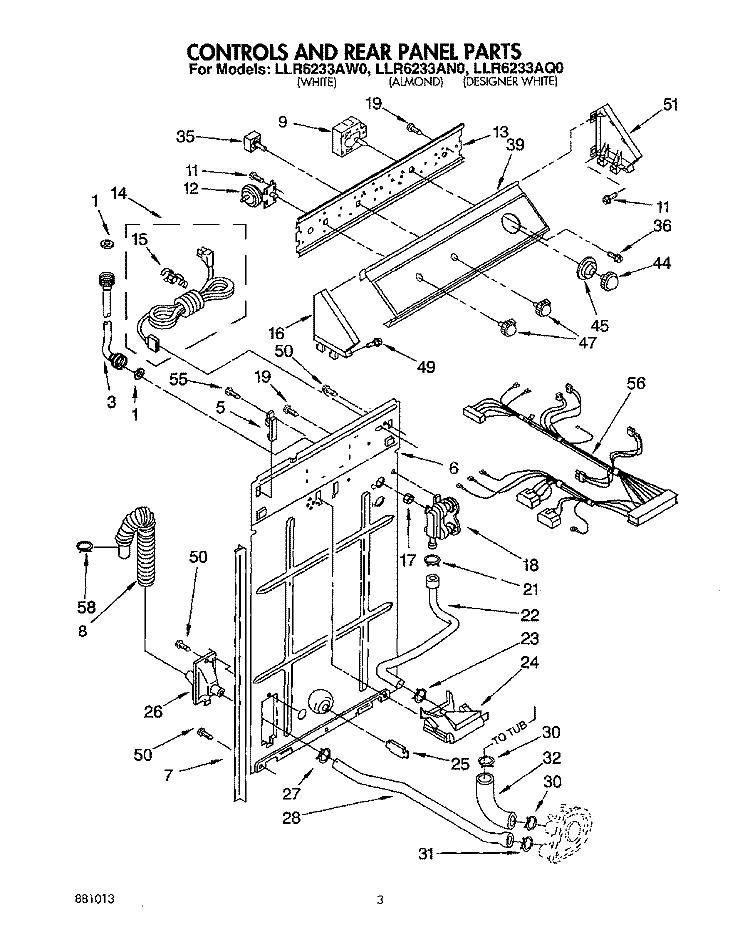 CONTROLS AND REAR PANEL Diagram and Parts List for LLR6233AN0  Whirlpool Washer