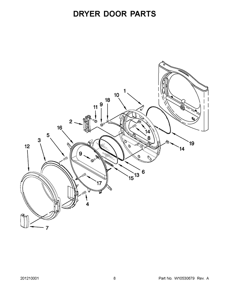 DRYER DOOR PARTS Diagram and Parts List for CET8000AQ1  Whirlpool Washer Dryer Combo