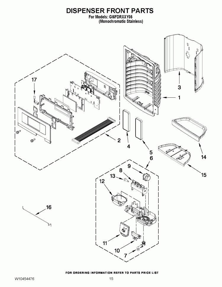 DISPENSER FRONT PARTS Diagram and Parts List for GI6FDRXXY05  Whirlpool Refrigerator
