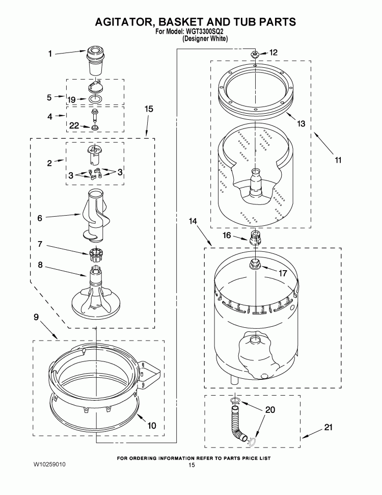 AGITATOR, BASKET AND TUB PARTS Diagram and Parts List for WGT3300SQ2  Whirlpool Washer Dryer Combo