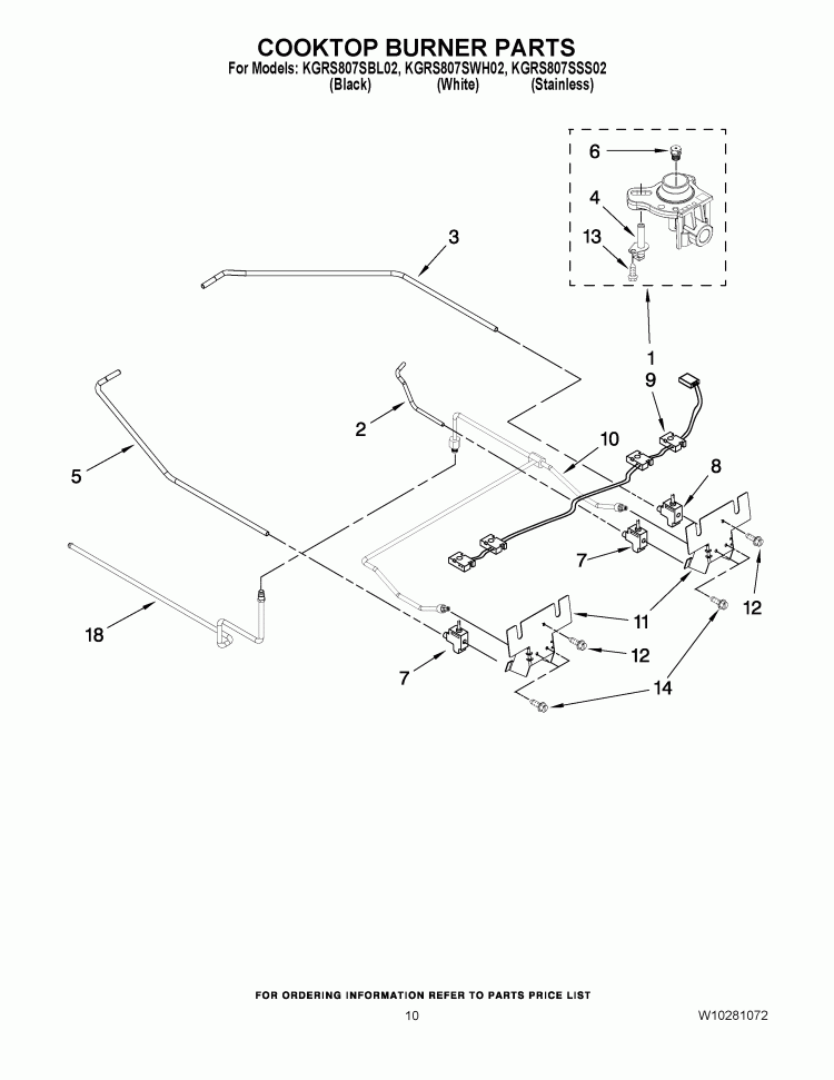 COOKTOP BURNER PARTS Diagram and Parts List for KGRS807SSS02  KitchenAid Range
