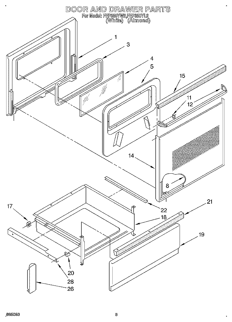 DOOR AND DRAWER Diagram and Parts List for FEP350YL2  Roper Range