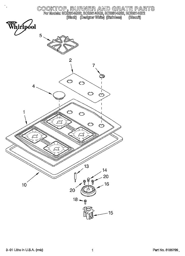 COOKTOP, BURNER AND GRATE Diagram and Parts List for SCS3014GS2  Whirlpool Cooktop