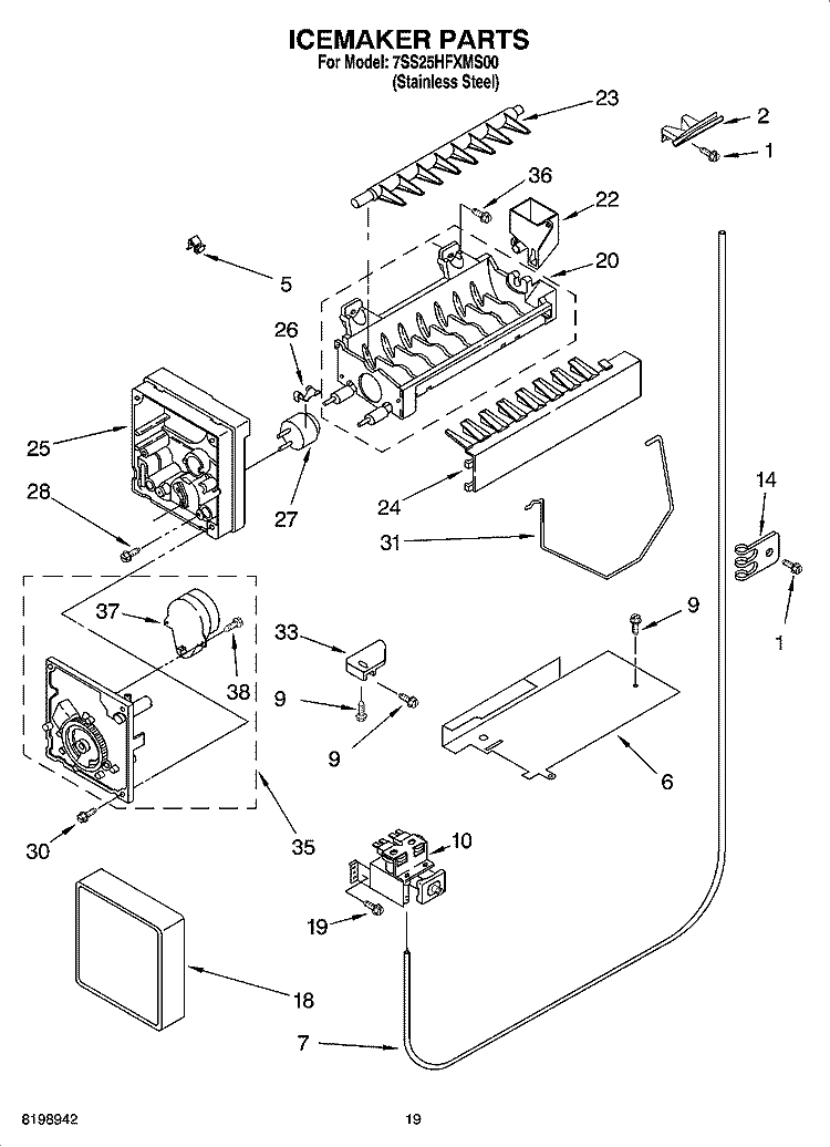 ICEMAKER PARTS, OPTIONAL PARTS Diagram and Parts List for 7SS25HFXMS00  Whirlpool Refrigerator