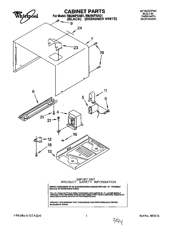 CABINET Diagram and Parts List for RM280PXAB1  Whirlpool Microwave Oven Combo