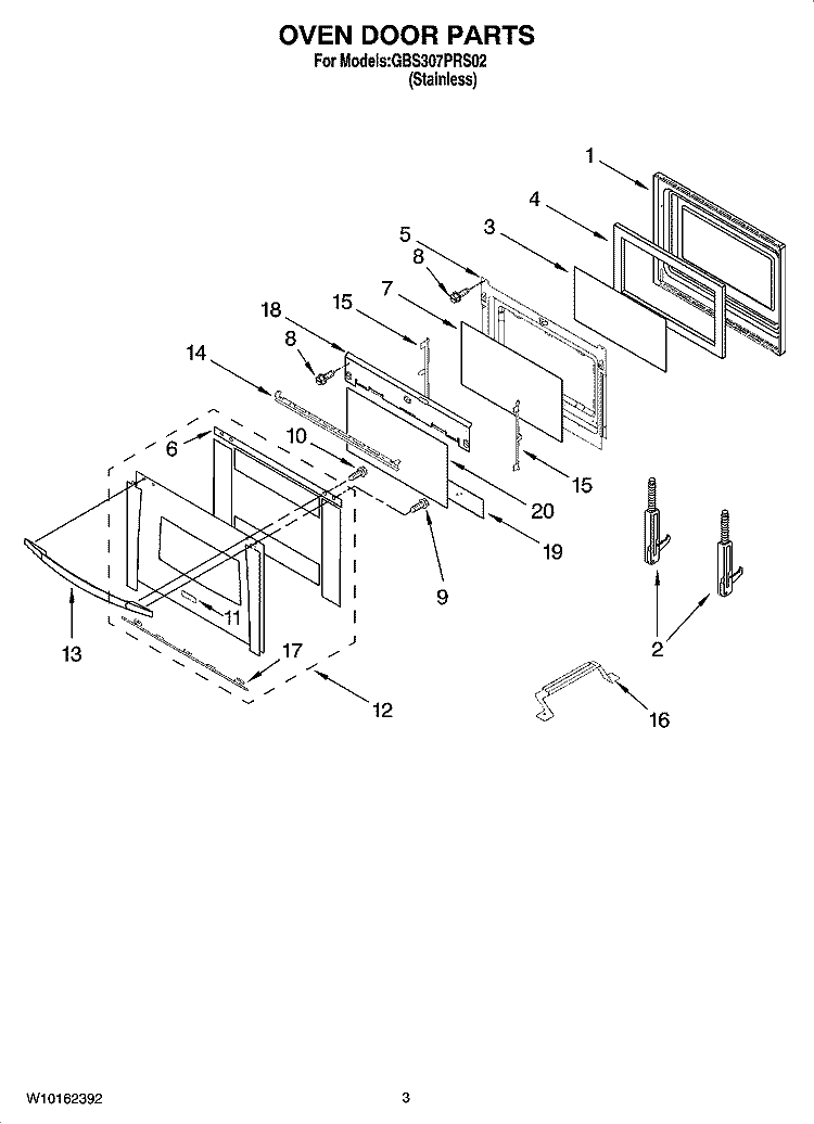 OVEN DOOR PARTS Diagram and Parts List for GBS307PRS02  Whirlpool Wall Oven