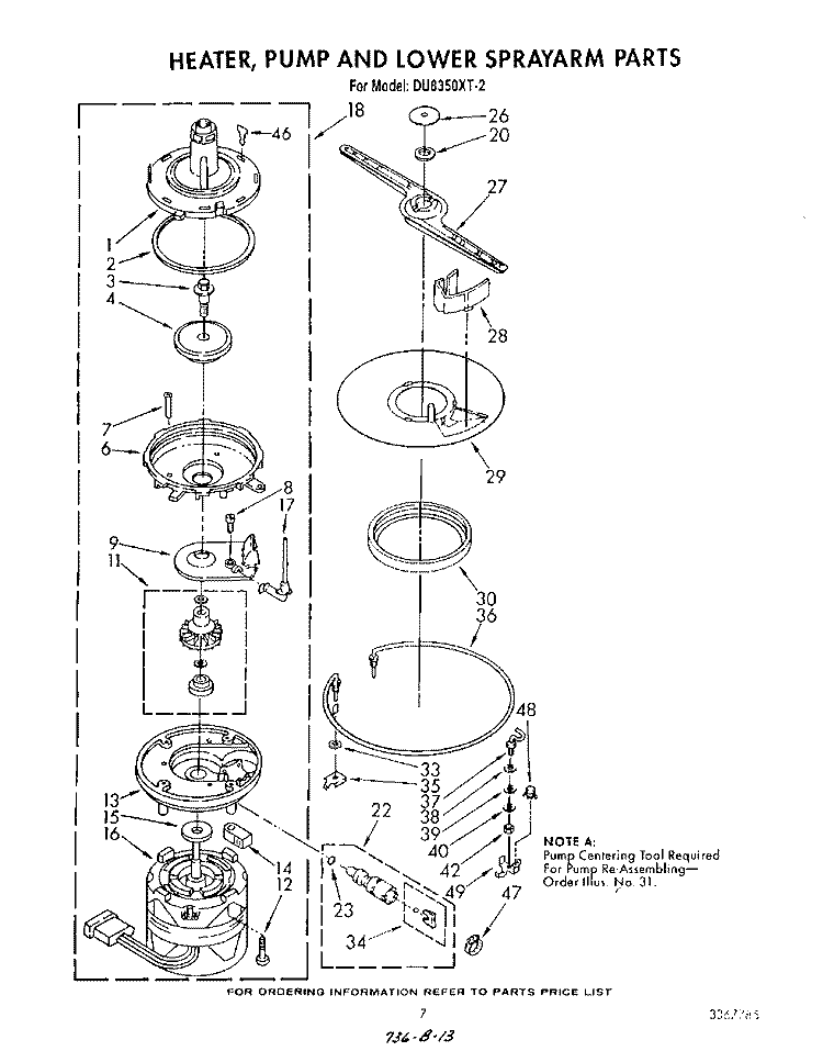 HEATER, PUMP AND LOWER SPRAYARM Diagram and Parts List for DU8350XT2  Whirlpool Dishwasher