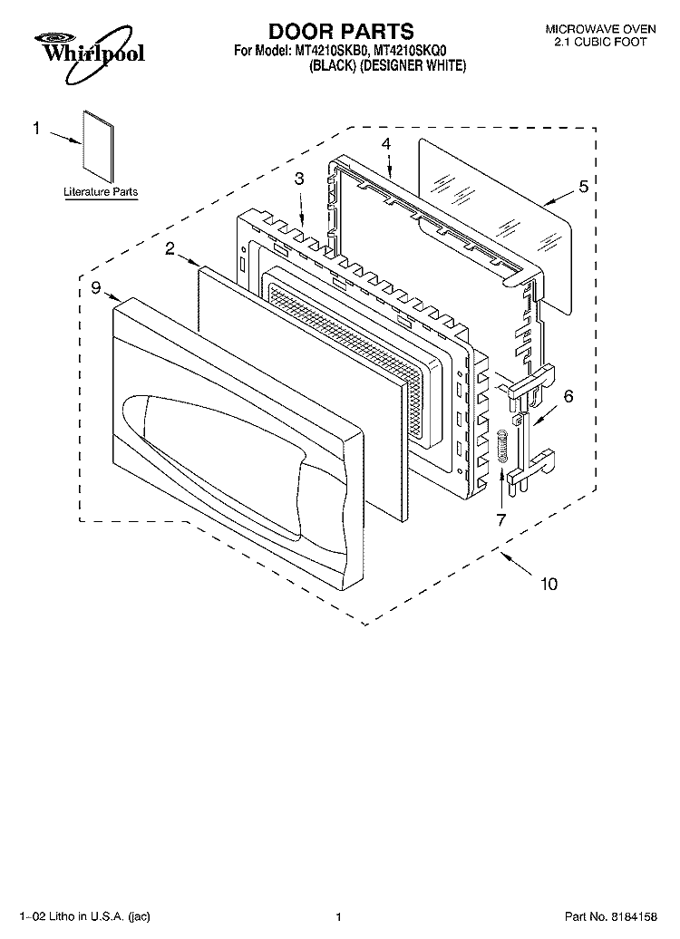DOOR, LITERATURE Diagram and Parts List for MT4210SKQ0  Whirlpool Microwave