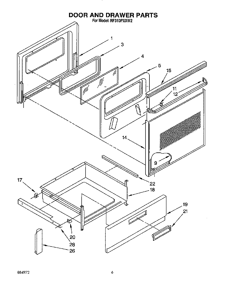 DOOR AND DRAWER Diagram and Parts List for RF310PXXN2  Whirlpool Range