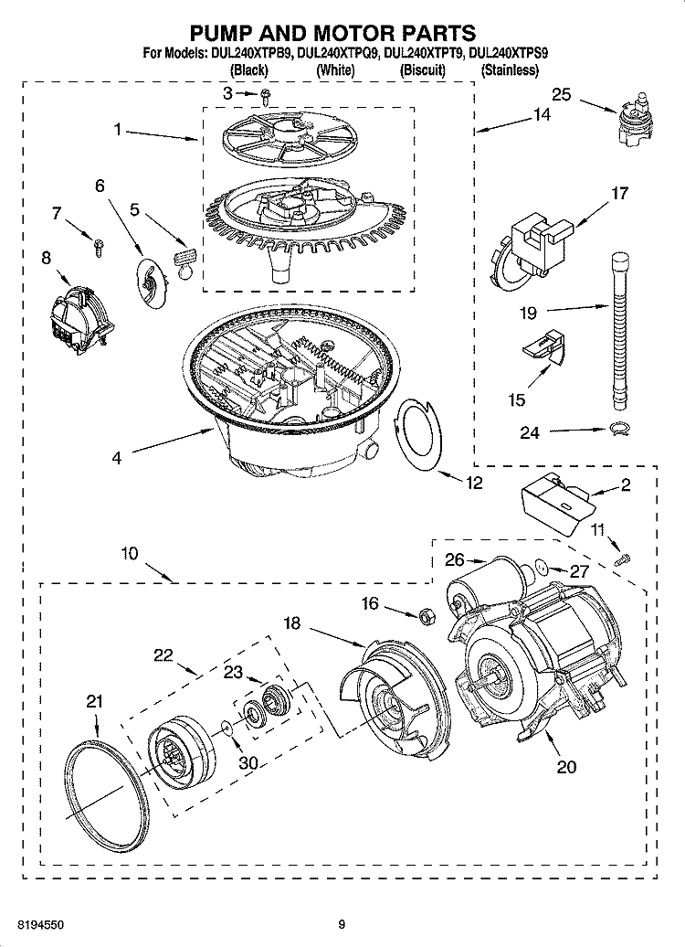 PUMP AND MOTOR PARTS Diagram and Parts List for DUL240XTPS9  Whirlpool Dishwasher