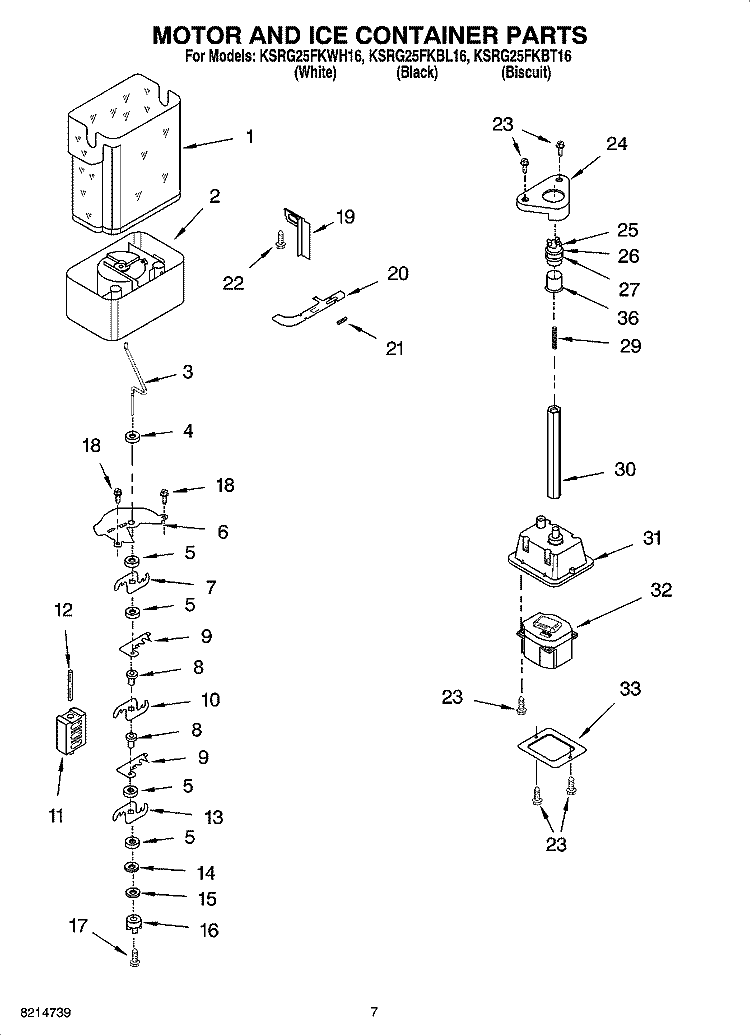 MOTOR AND ICE CONTAINER PARTS Diagram and Parts List for KSRG25FKBT16  KitchenAid Refrigerator