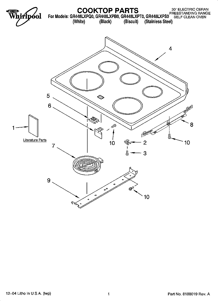 COOKTOP PARTS Diagram and Parts List for GR448LXPT0  Whirlpool Range