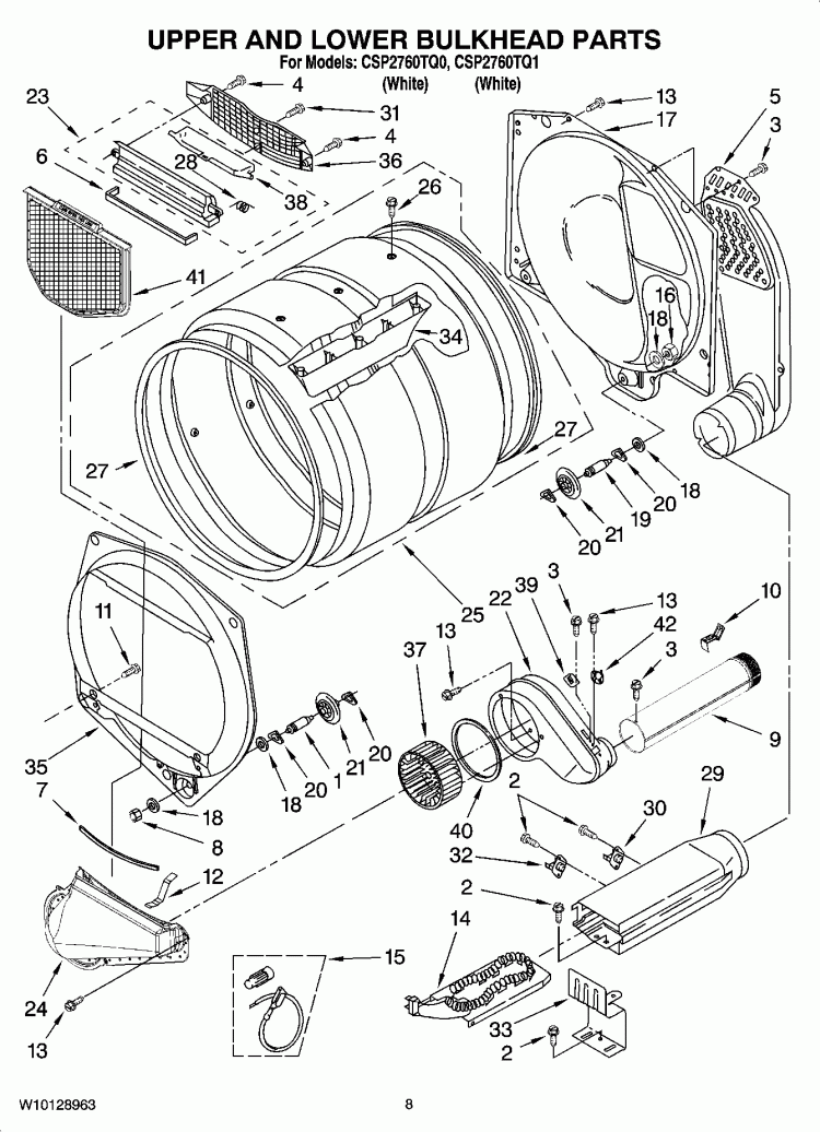 UPPER AND LOWER BULKHEAD PARTS, OPTIONAL PARTS (NOT INCLUDED) Diagram and Parts List for CSP2760TQ1  Whirlpool Dryer
