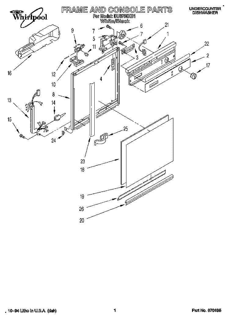 FRAME AND CONSOLE Diagram and Parts List for DU8750XB1  Whirlpool Dishwasher