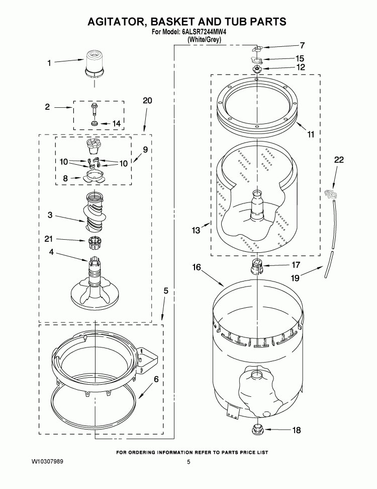 AGITATOR, BASKET AND TUB PARTS Diagram and Parts List for 6ALSR7244MW4  Whirlpool Washer