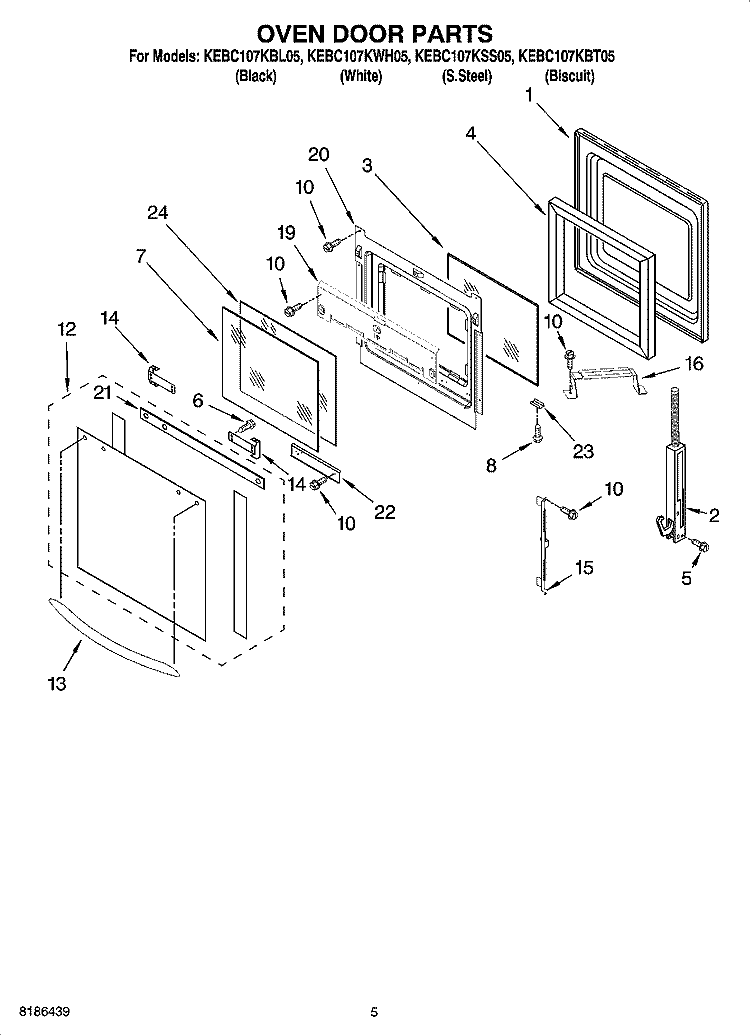 OVEN DOOR PARTS Diagram and Parts List for KEBC107KBL05  KitchenAid Wall Oven