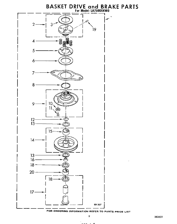 BASKET DRIVE AND BRAKE Diagram and Parts List for LA7500XKW0  Whirlpool Washer