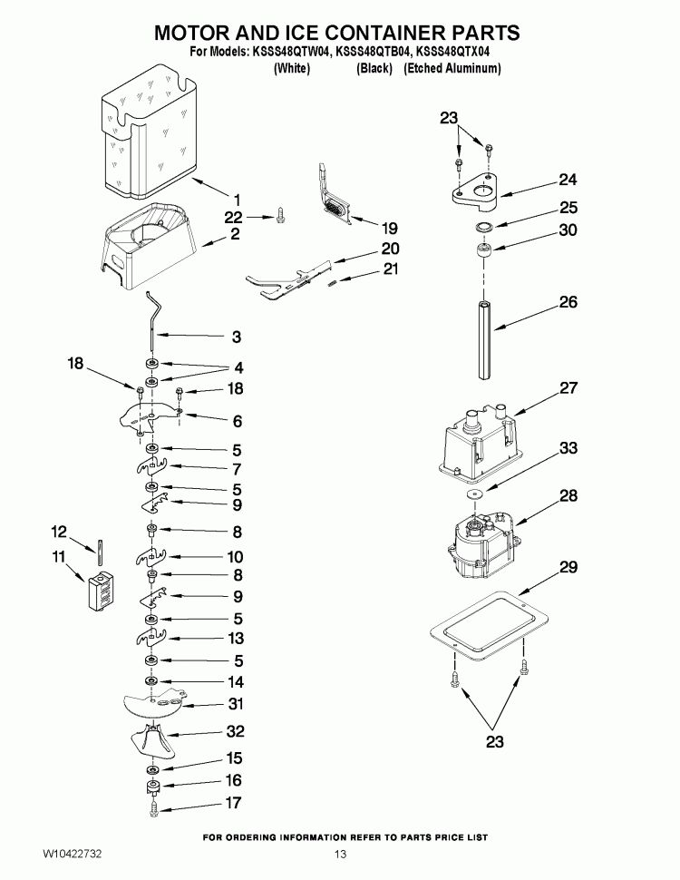 MOTOR AND ICE CONTAINER PARTS Diagram and Parts List for KSSS48QTB04  KitchenAid Refrigerator