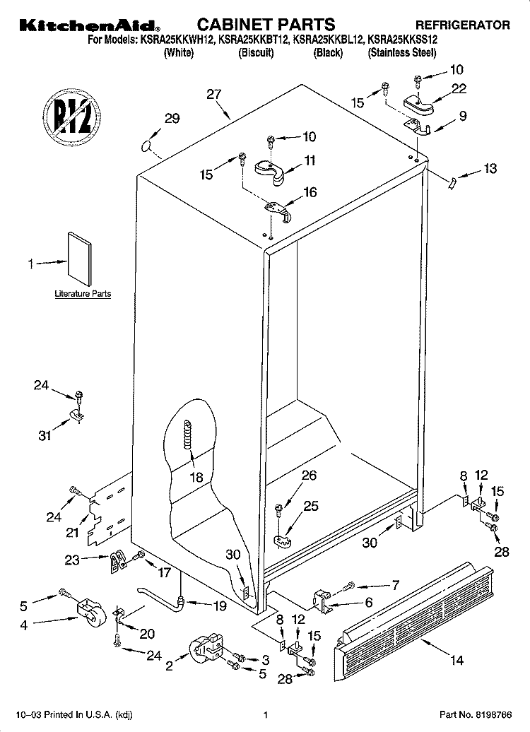 CABINET PARTS Diagram and Parts List for KSRA25KKBT12  KitchenAid Refrigerator