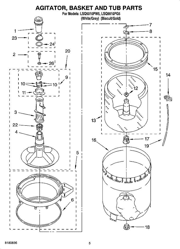AGITATOR, BASKET AND TUB PARTS Diagram and Parts List for LSQ9010PW5  Whirlpool Washer