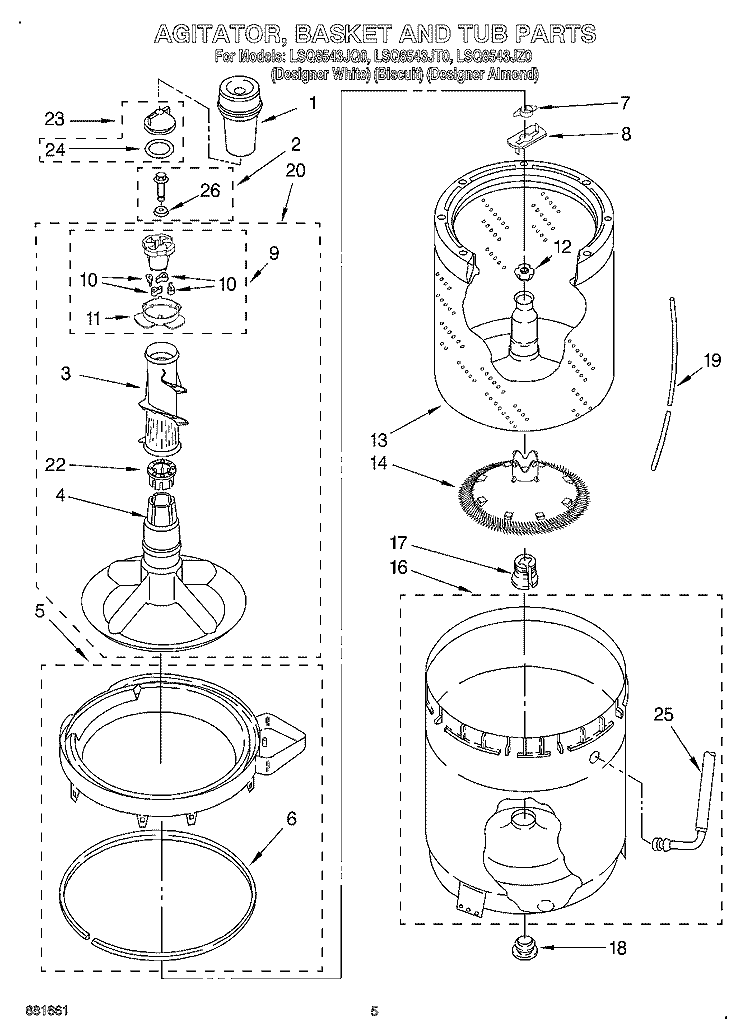 AGITATOR, BASKET AND TUB Diagram and Parts List for LSQ8543JT0  Whirlpool Washer