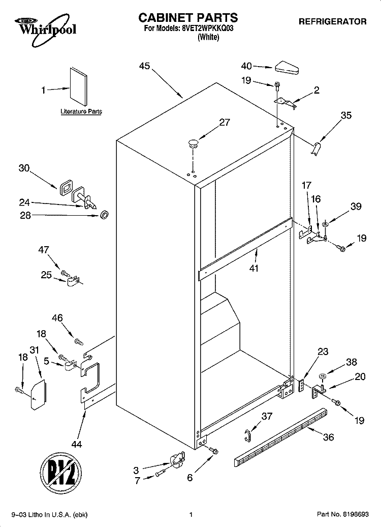 CABINET PARTS Diagram and Parts List for 8VET2WPKKQ03  Whirlpool Refrigerator