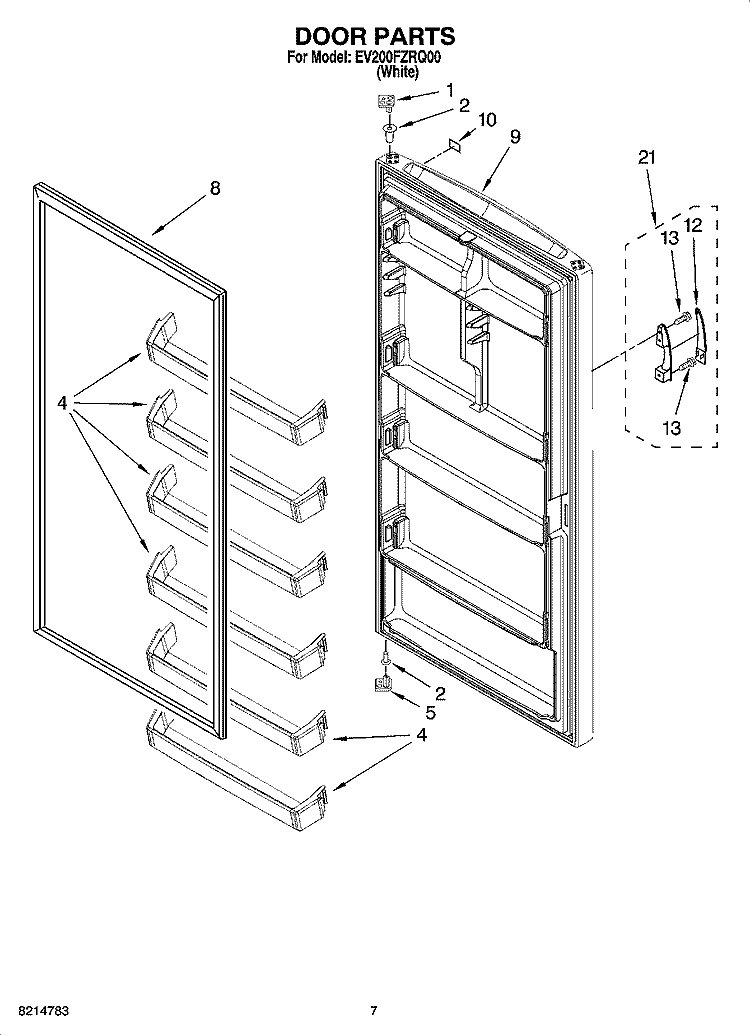DOOR PARTS, OPTIONAL PARTS (NOT INCLUDED) Diagram and Parts List for EV200FZRQ00  Whirlpool Freezer