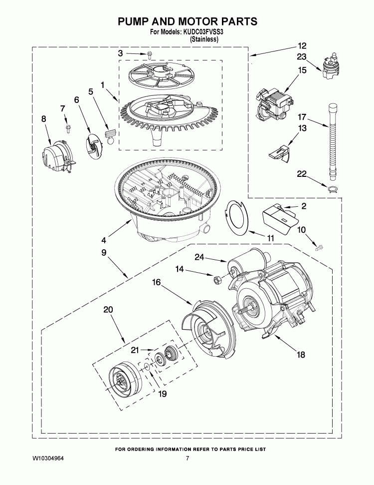 PUMP AND MOTOR PARTS Diagram and Parts List for KUDC03FVSS3  KitchenAid Dishwasher