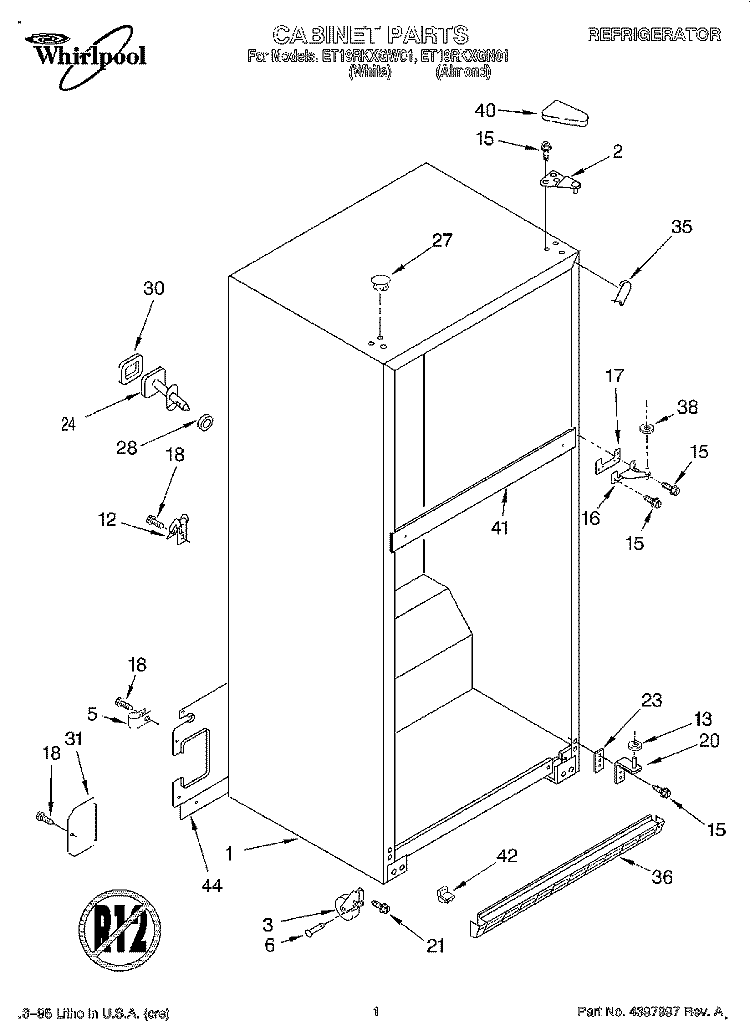 CABINET Diagram and Parts List for ET19RKXGN01  Whirlpool Refrigerator