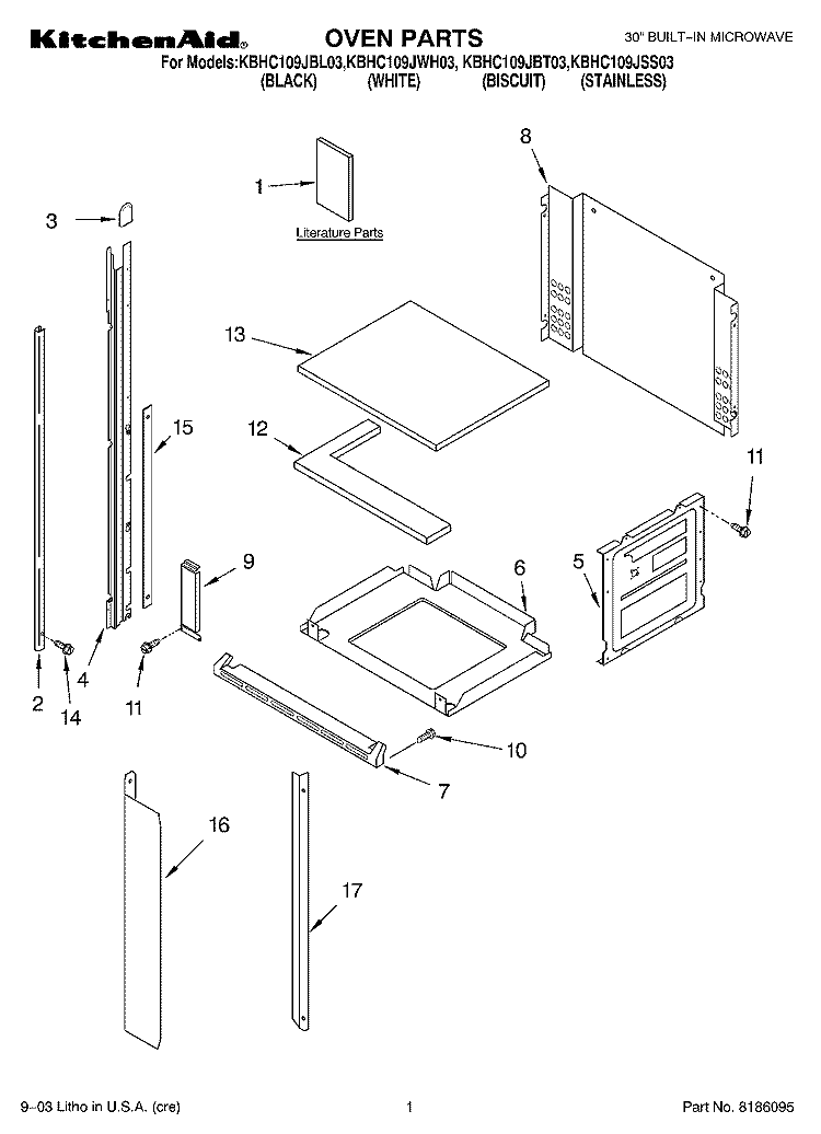 OVEN PARTS Diagram and Parts List for KBHC109JBT03  KitchenAid Microwave Oven Combo