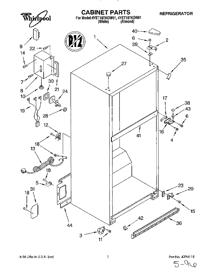 CABINET Diagram and Parts List for 4YET18TKDN01  Whirlpool Refrigerator