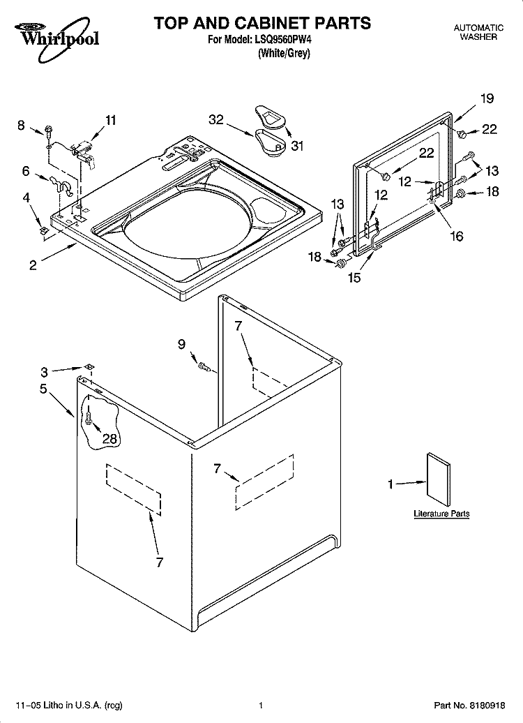 TOP AND CABINET PARTS Diagram and Parts List for LSQ9560PW4  Whirlpool Washer