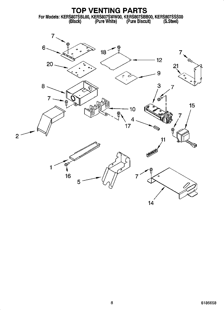 TOP VENTING PARTS, OPTIONAL PARTS Diagram and Parts List for KERS807SBB00  KitchenAid Range