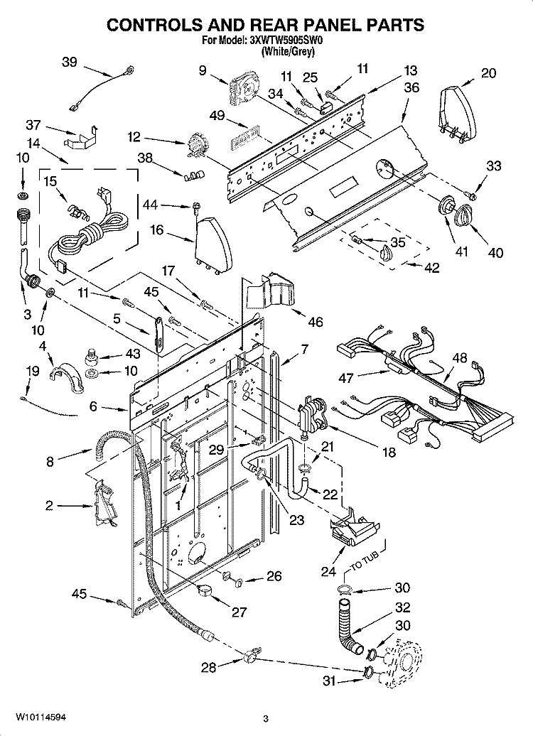 CONTROLS AND REAR PANEL PARTS Diagram and Parts List for 3XWTW5905SW0  Whirlpool Washer