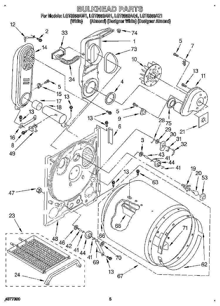 BULKHEAD Diagram and Parts List for LGT8858AN1  Whirlpool Dryer